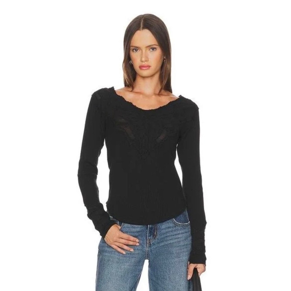 Free People Butterfly Cuff long sleeve thermal tee black XL embroidered new nwt - Picture 2 of 12